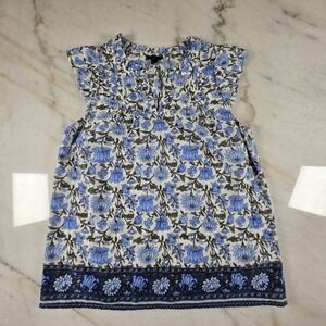 Talbots Petite Blue Floral Blouse Cap Sleeve Coastal Grandmother Preppy Boho